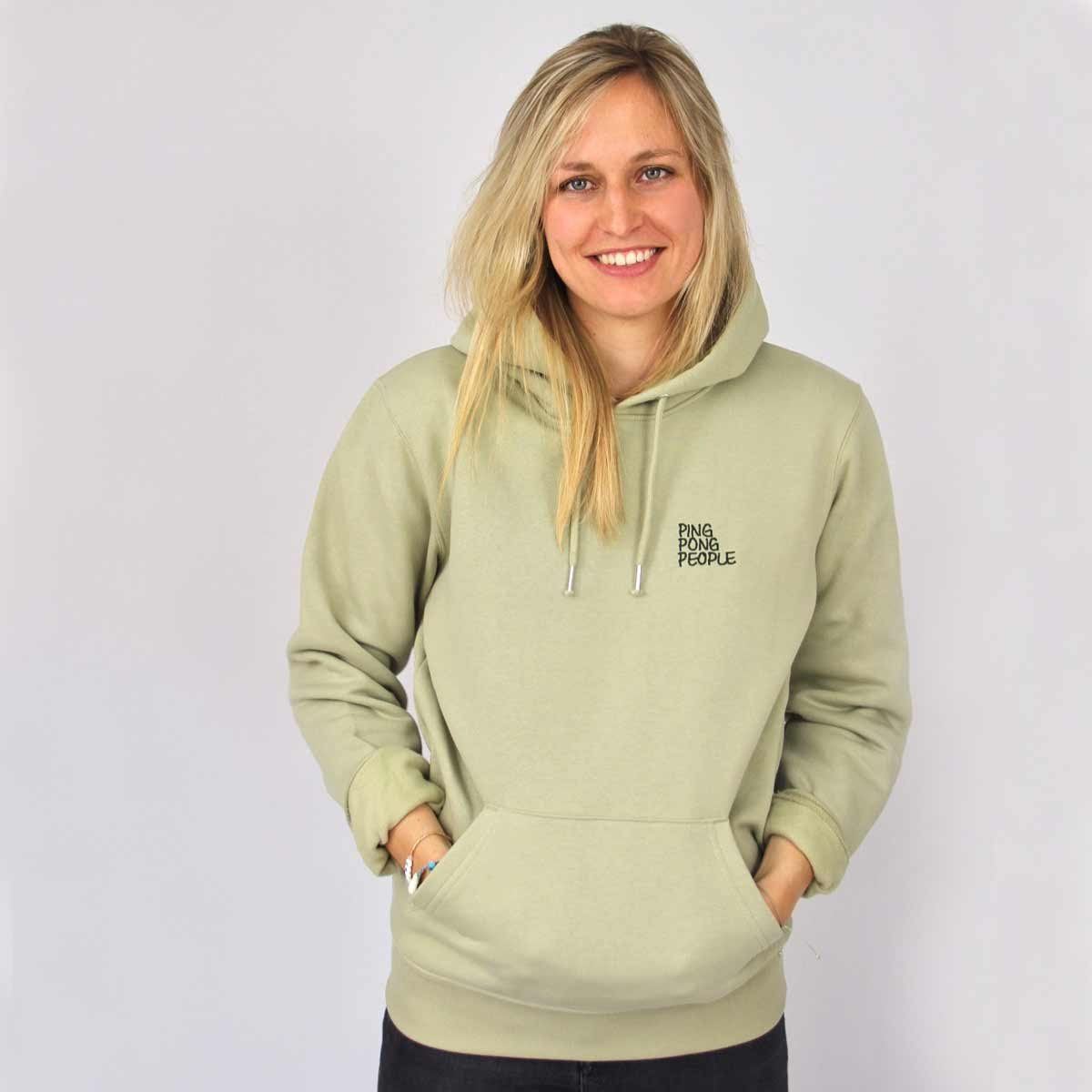 Table Tennis Clothing: Ping Pong People Unisex Sage Green Hoody - Call Us  For Help And Advice On 0161 761 6608