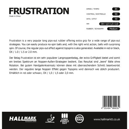 Hallmark Frustration table tennis rubber back of packet