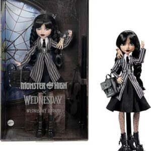 ​Monster High x Wednesday Addams Doll | Collector Wednesday Doll in Black Nevermore Academy Uniform front of box