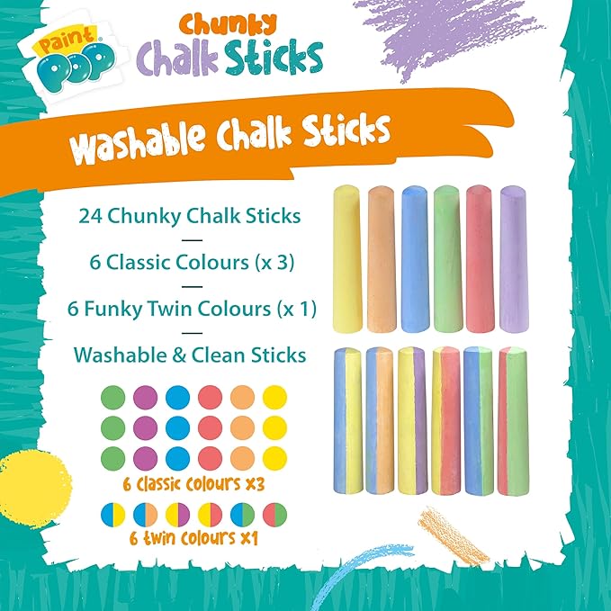 Paint Pop Chalk Sticks 12 Pack - Kids Outdoor Creative Outdoor Pavement Set back of box