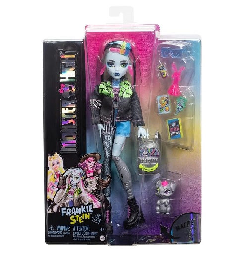 Monster High Frankie Stein Doll in Patchwork Clothes front of box
