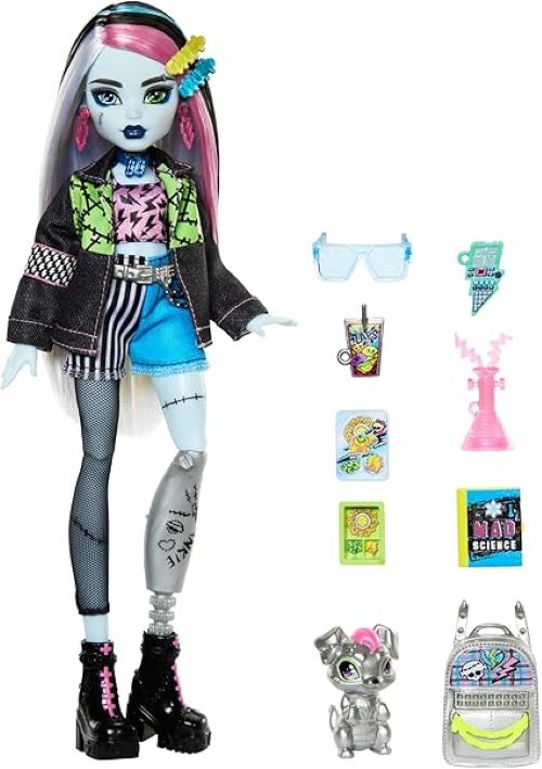 Monster High Frankie Stein Doll in Patchwork Clothes content